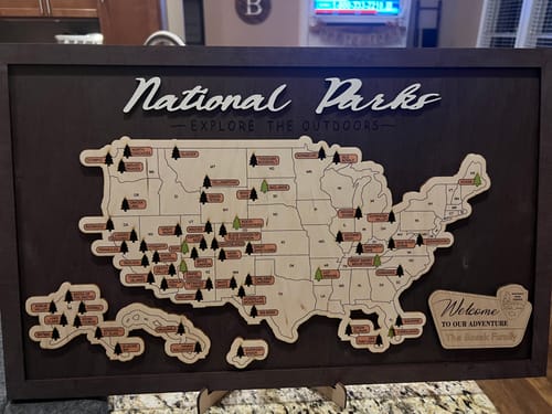 Customer photo review of US Wooden National Parks Travel Map With Trees To Record Park Visits (Coffee)