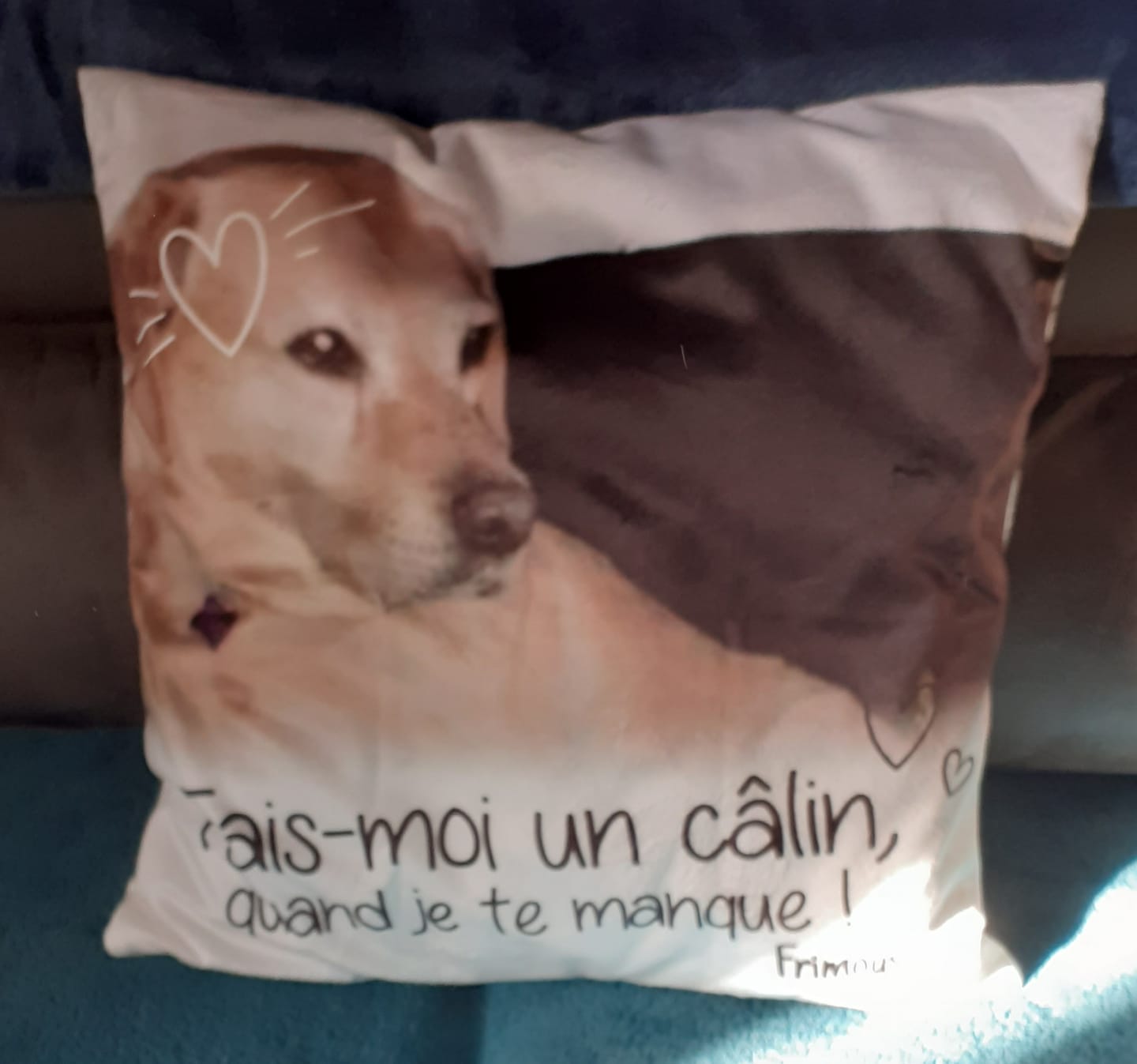 Customer photo review of Fais moi un câlin quand je te manque - Coussin personnalisé