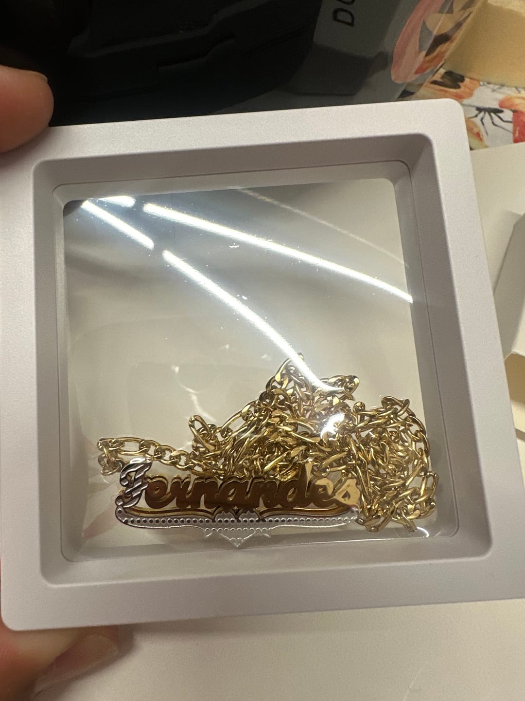 Customer photo review of Double Plated Script Name Necklace w/ Figaro Chain