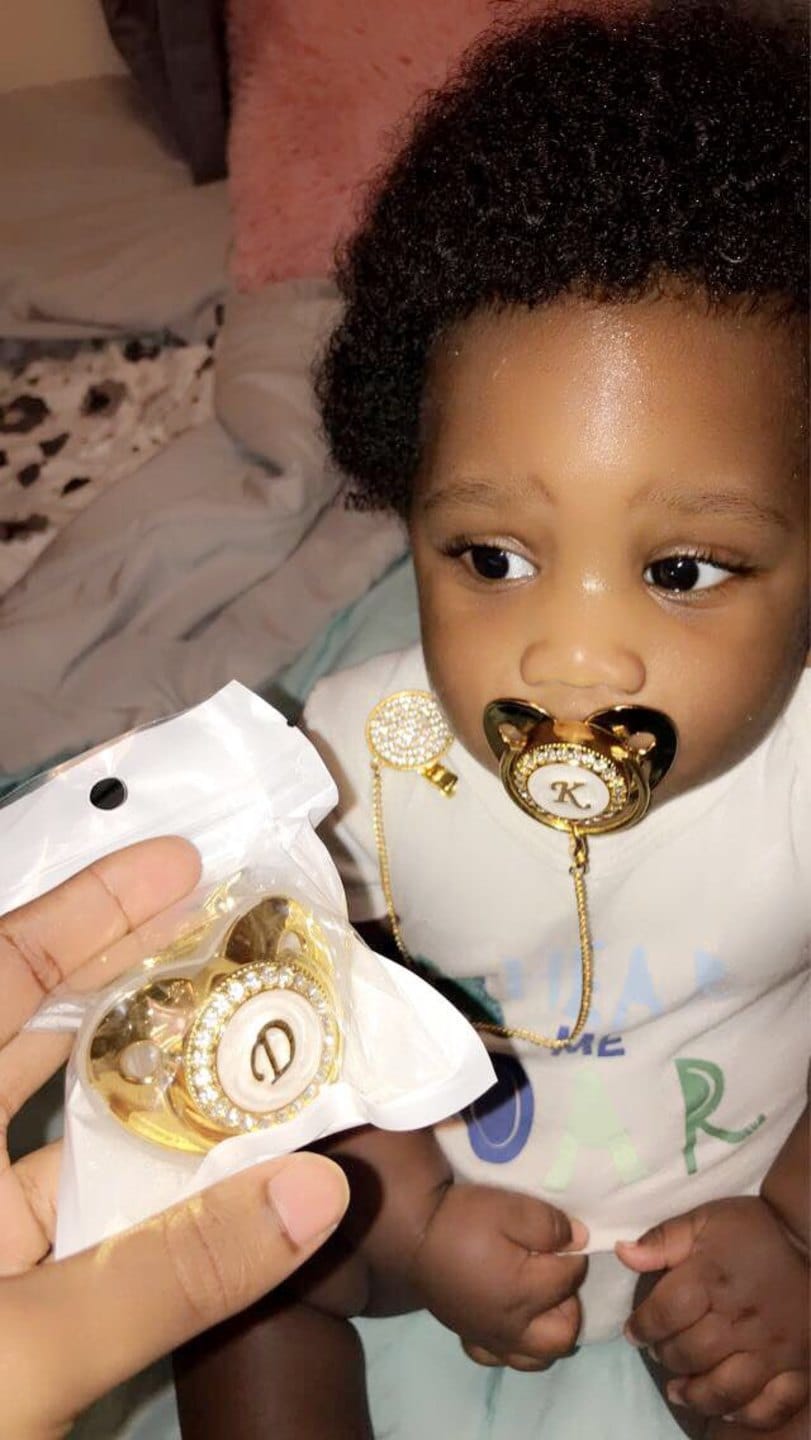 Customer photo review of Customized Letter Gold/White Baby Bling Pacifier & Clips