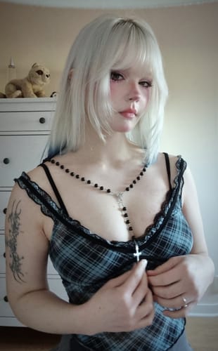 Customer photo review of Harley Blue Plaid Mesh Fake 2 Pieces Crop Top
