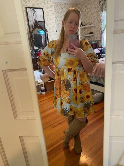 Customer photo review of Van Gogh Sunflowers Puffy mini dress
