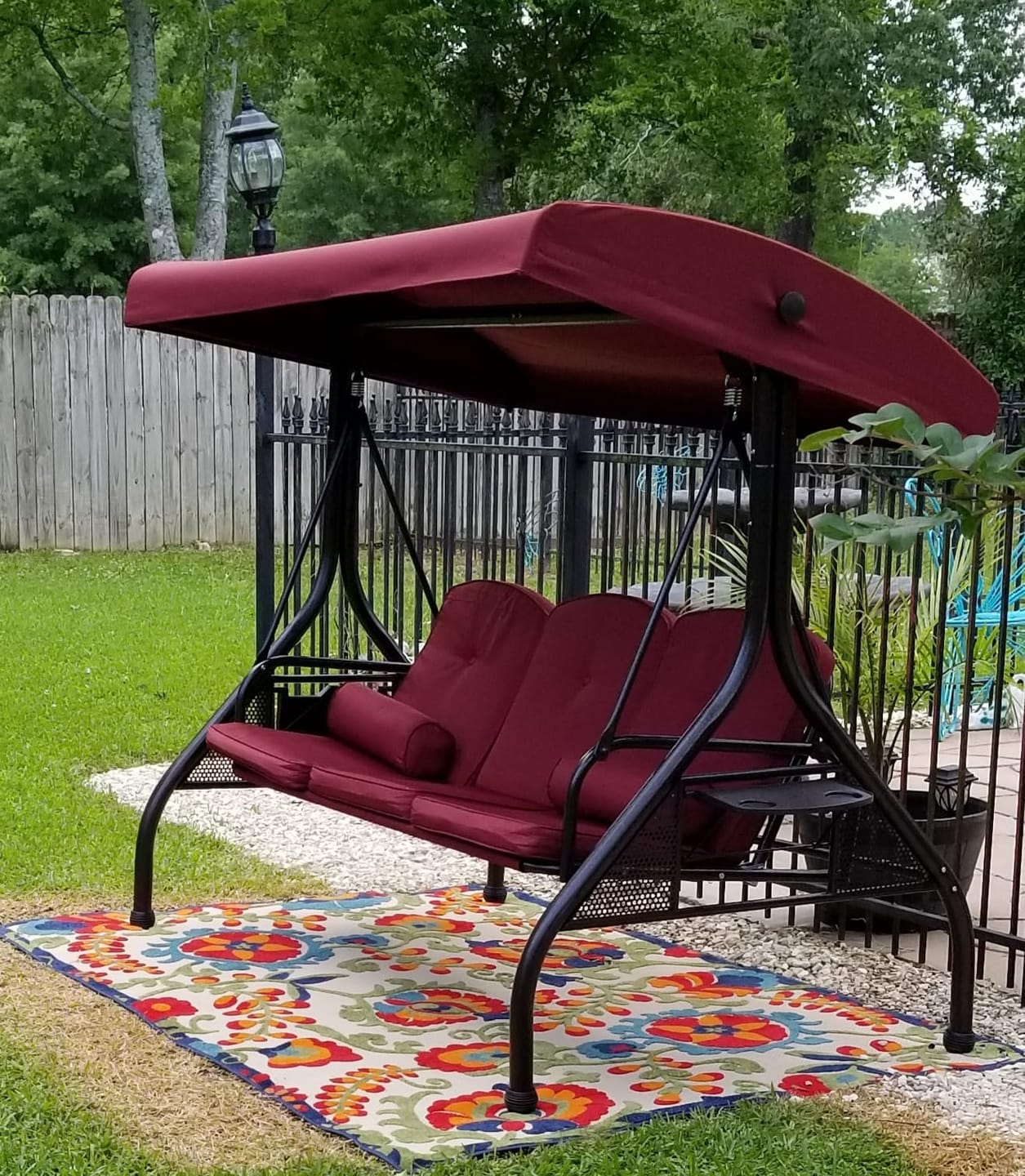 Customer photo review of Homrest 3-Seat Patio Swing with Adjustable Canopy and Backrest, Wine Red