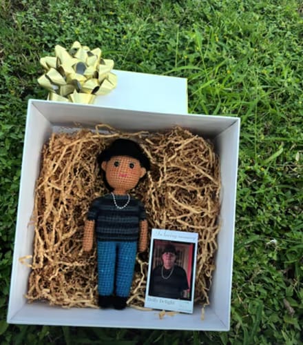 Customer photo review of Dolly® Personalized Crochet Doll with Photo Card