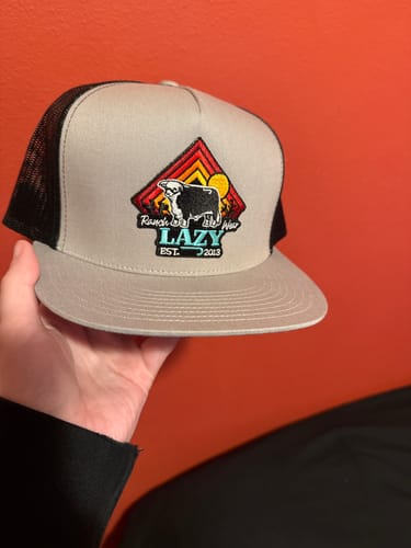 Customer photo review of Lazy J Ranch Silver Grey & Black Cactus Sunrise Classic Five Panel Trucker Hat
