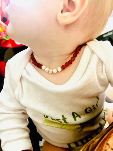 Customer photo review of Raw Cognac Baltic Amber + Moonstone || Necklace
