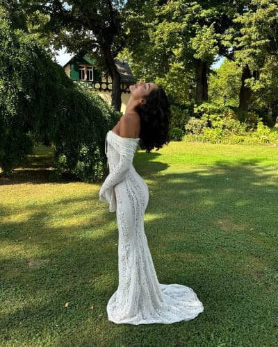 Customer photo review of Floral Lace Off-Shoulder Maxi Dress