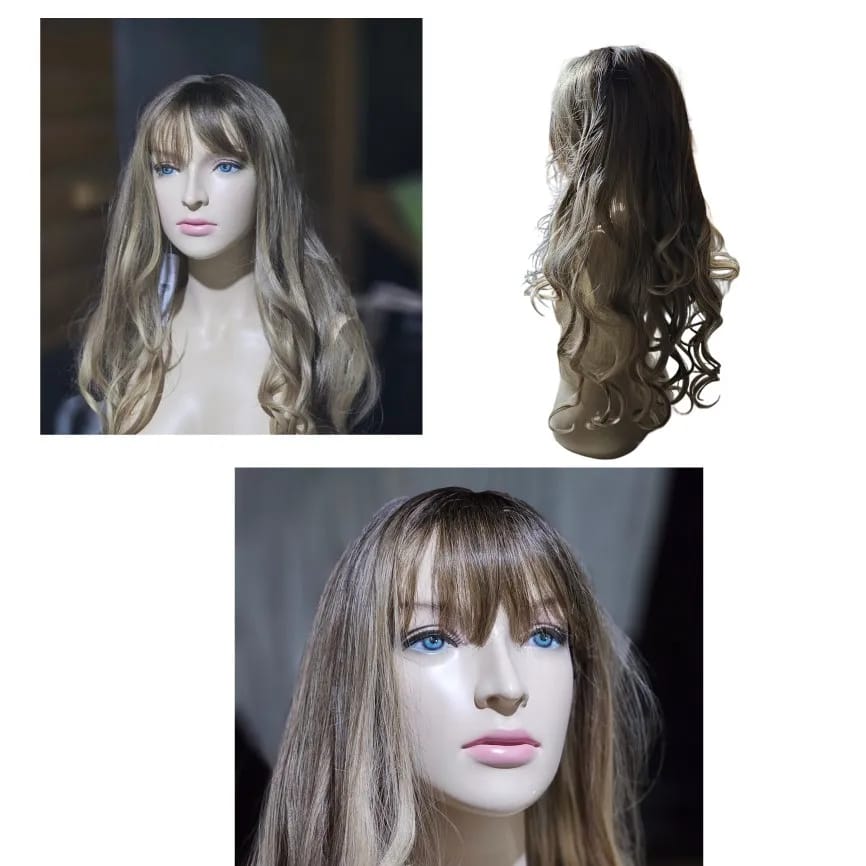 Customer photo review of Synthetic Wig Long Loose Wave With Bangs — Brown-Blonde Ombre | KIMLUD