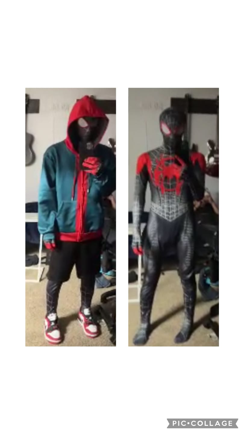 Customer photo review of Miles Morales Suit Spider Man Costume for Boys and Adult Men.