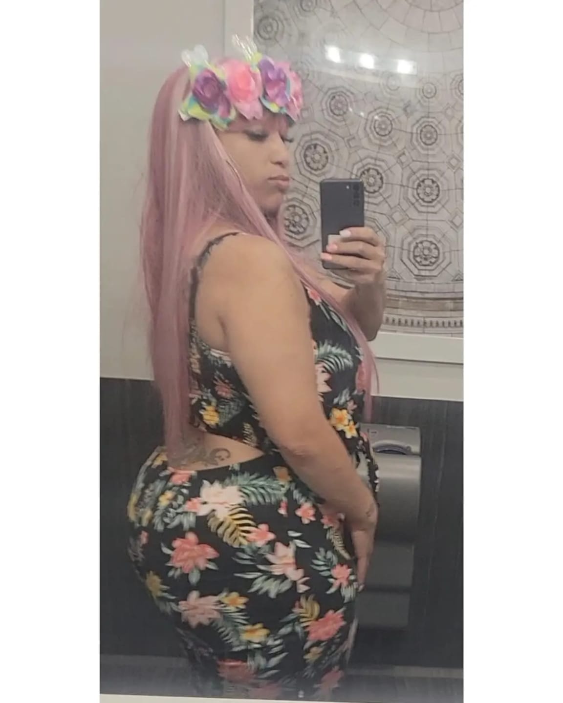 Customer photo review of Synthetic Wig Long Straight With Bangs — Pink White | KIMLUD