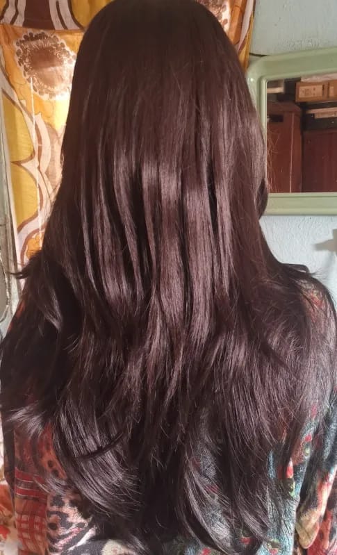 Customer photo review of Synthetic Loose Straight Wig With Curtain Bangs — Pink And Black | KIMLUD