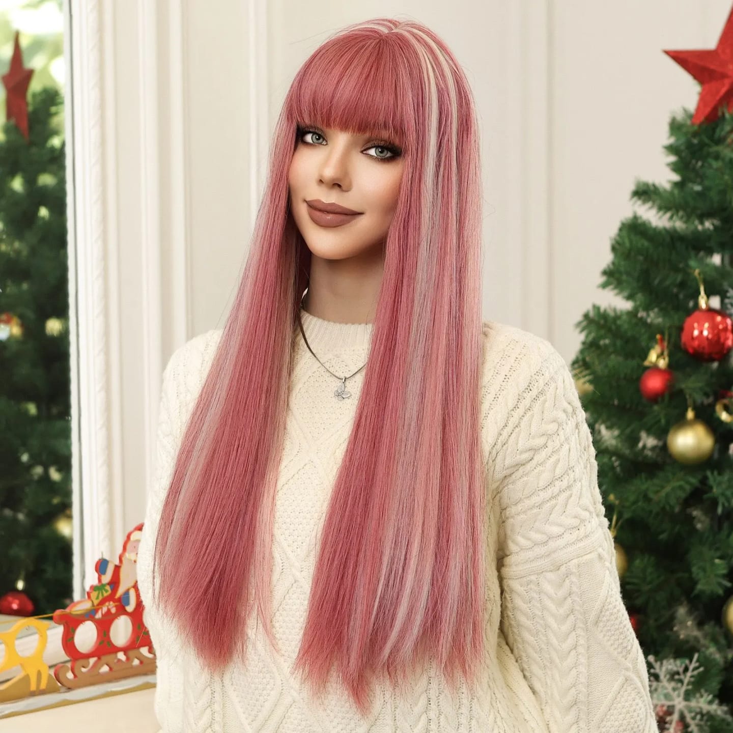 Customer photo review of Synthetic Wig Long Straight With Bangs — Pink White | KIMLUD