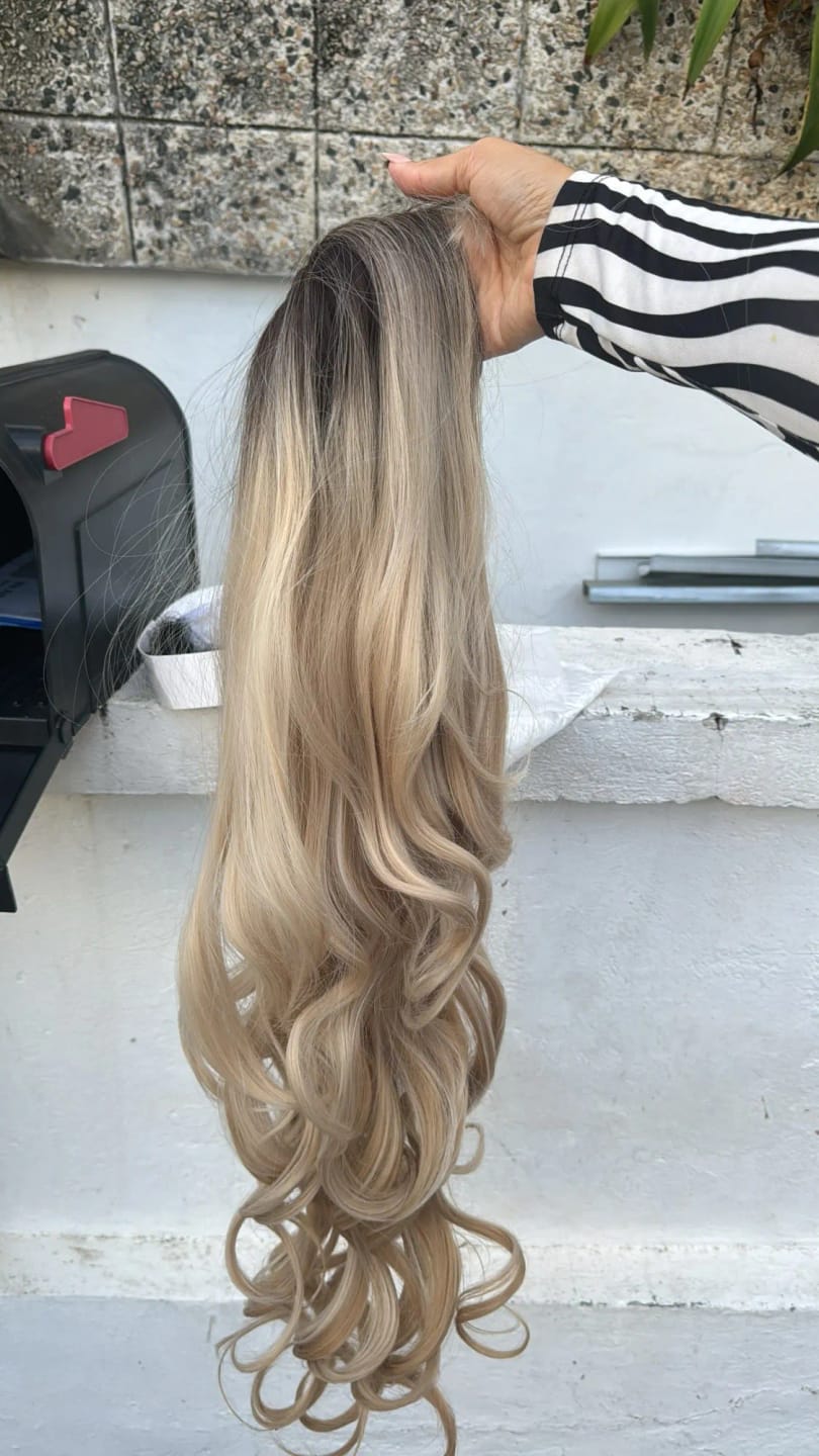 Customer photo review of Synthetic Wig Long Loose Wave With Bangs — Brown-Blonde Ombre | KIMLUD
