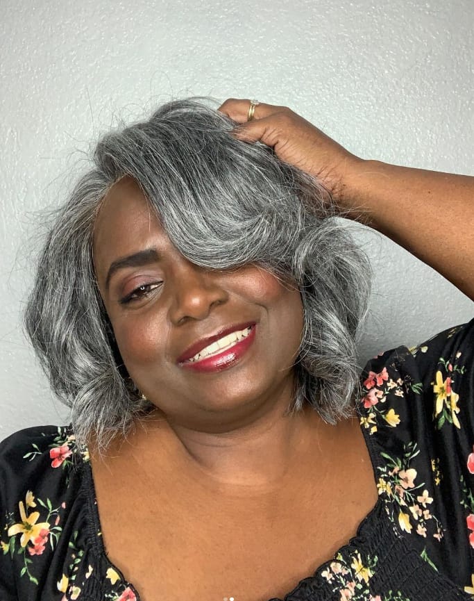 Customer photo review of Luvwin Short Layered Side Parted Salt And Pepper Wig With Bang 5x5 Closure Wig