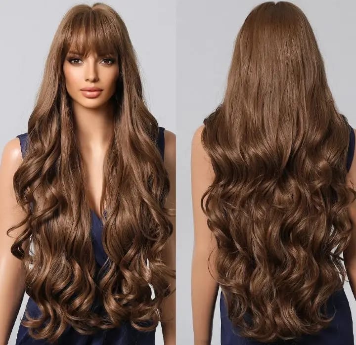 Customer photo review of Synthetic Wig Long Loose Wave With Bangs — Brown-Blonde Ombre | KIMLUD
