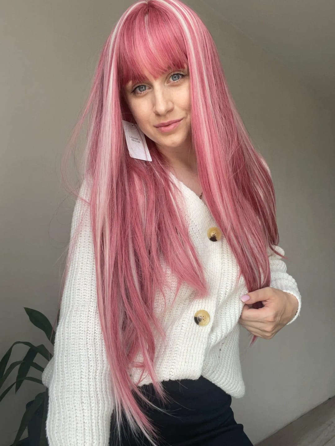 Customer photo review of Synthetic Wig Long Straight With Bangs — Pink White | KIMLUD