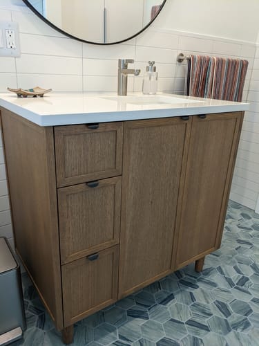 Customer photo review of Cape Breton 36" Mid Century Oak Bathroom Vanity, Right Sink