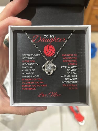 Customer photo review of Love Knot Necklace - To my Volleyball Daughter, Never Forget, Love Mom (Black Card, Red White Text)
