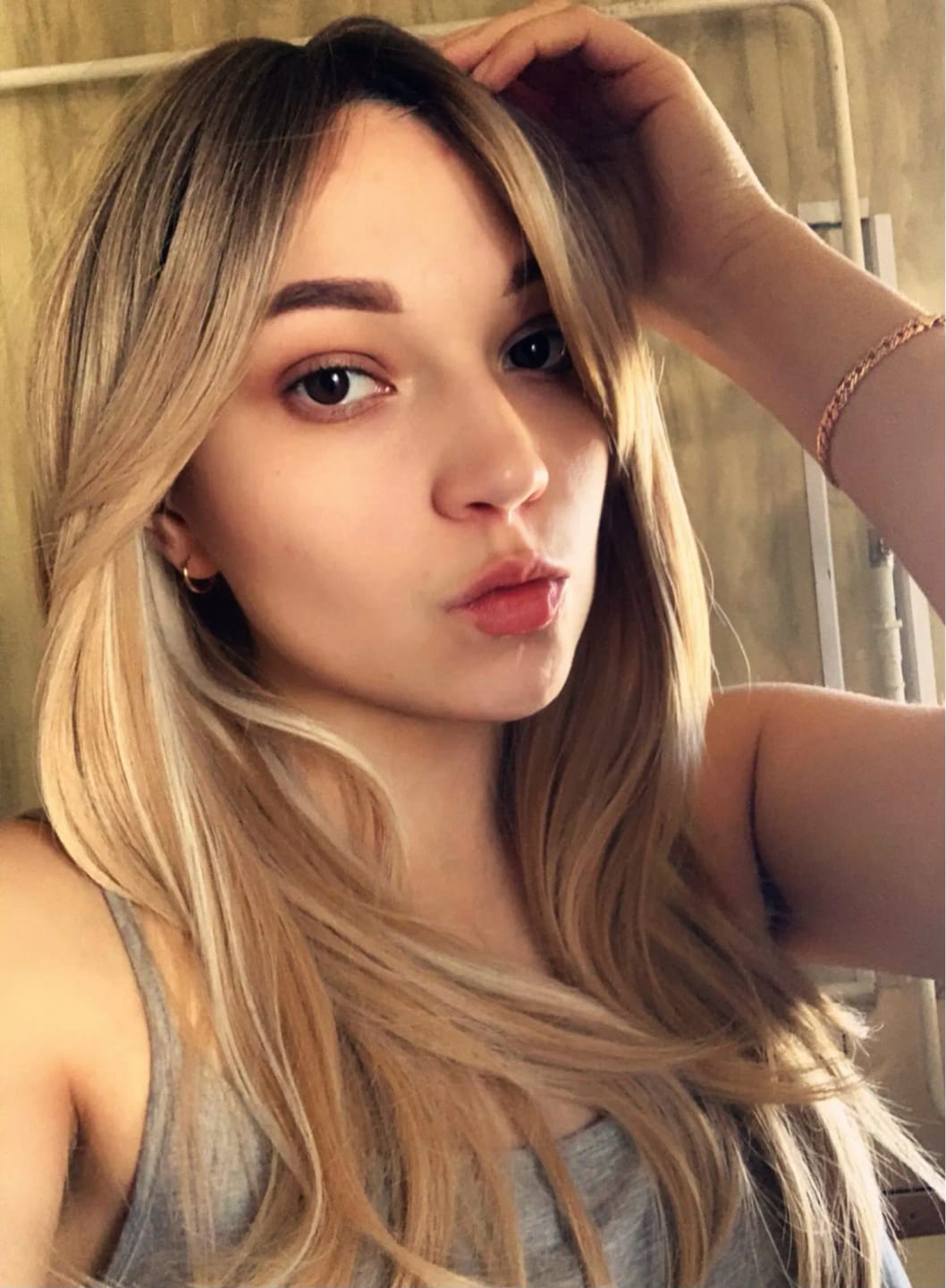Customer photo review of Heat Resistant Wig Long Straight Layered Bangs — Platinum Blonde | KIMLUD