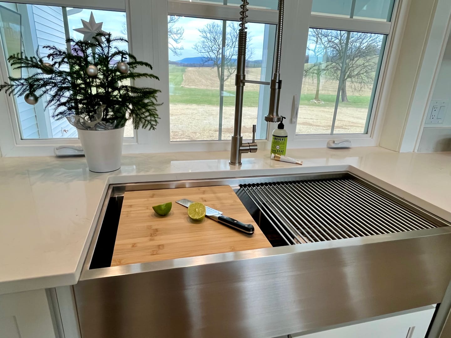 Customer photo review of 18" Bamboo Cutting Board with 11" Stainless Steel Colander and Mixing Bowl (MIX-11-SET) - Workstation Sink Accessory