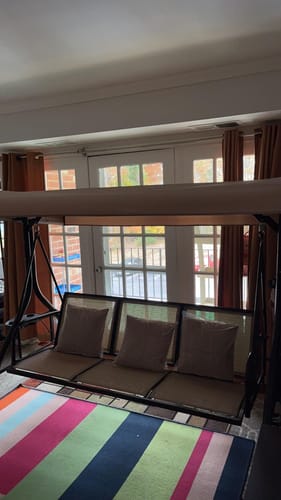 Customer photo review of Homrest Outdoor Porch Swing with Adjustable Canopy and Backrest, Brown