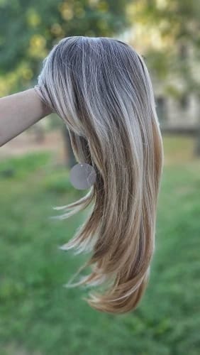 Customer photo review of Heat Resistant Wig Long Straight Layered Bangs — Platinum Blonde | KIMLUD