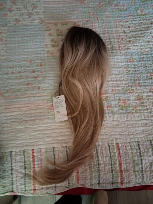Customer photo review of Heat Resistant Wig Long Straight Layered Bangs — Platinum Blonde | KIMLUD