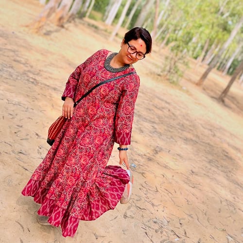 Customer photo review of Berry Lush Ajrakh Dress with Ikat Trims