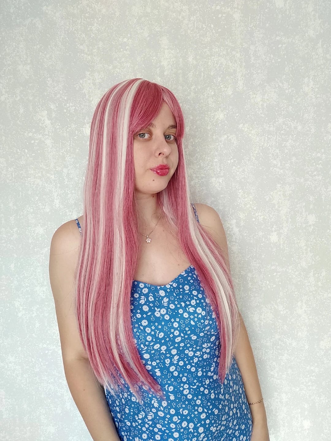 Customer photo review of Synthetic Wig Long Straight With Bangs — Pink White | KIMLUD