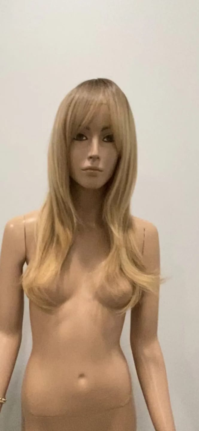 Customer photo review of Heat Resistant Wig Long Straight Layered Bangs — Platinum Blonde | KIMLUD