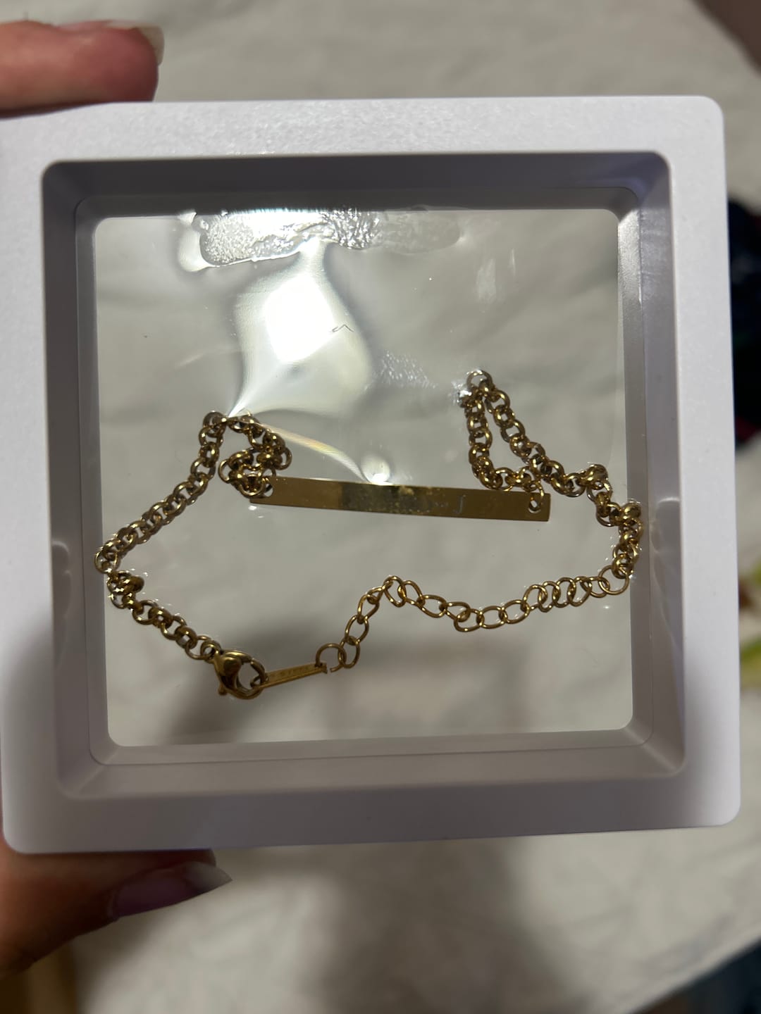 Customer photo review of Engraved Bar Bracelet