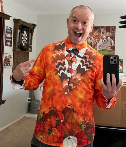 Customer photo review of Bundle of 3 | Men's Thanksgiving Turkey Shirt Plush Turkey Hat & Cotton Socks