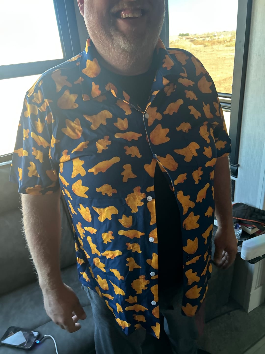Customer photo review of Dinosaur Chicken Nuggets Blue Button Up Shirt