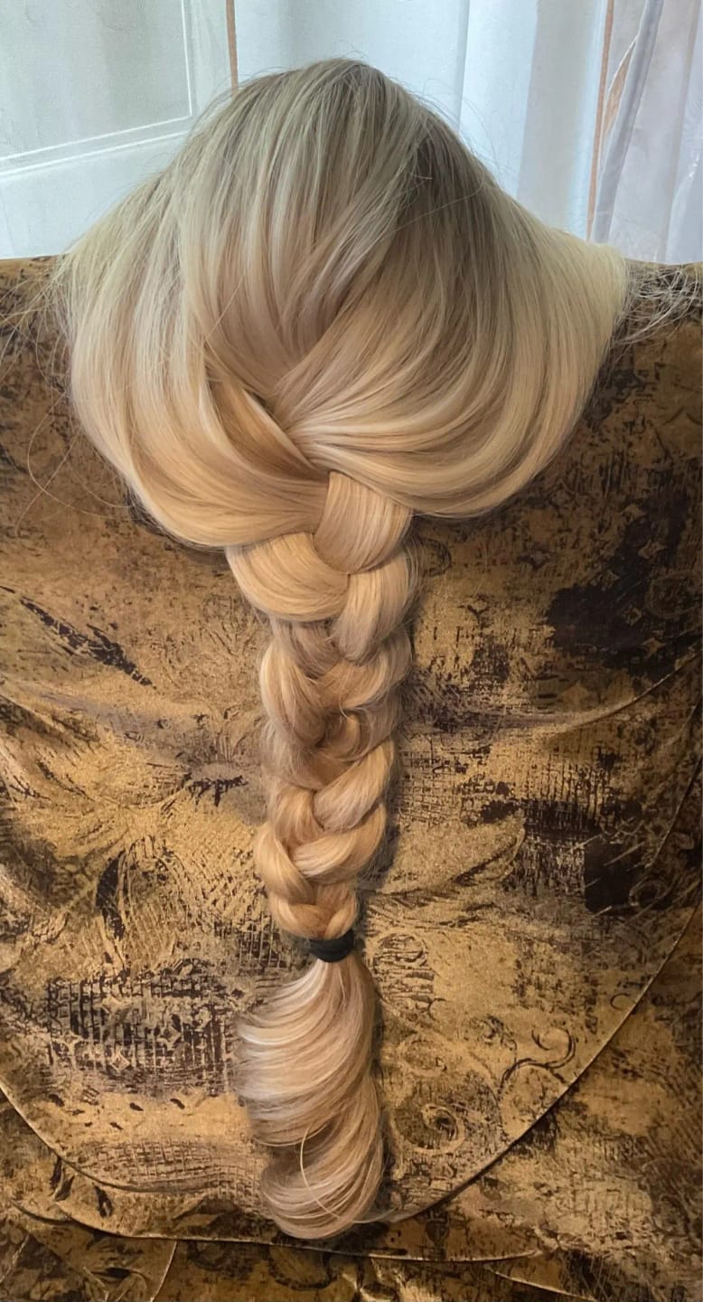 Customer photo review of Synthetic Wig Long Loose Wave With Bangs — Brown-Blonde Ombre | KIMLUD