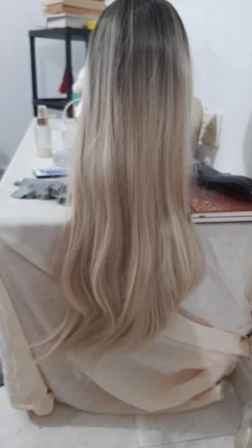 Customer photo review of High Temperature Fiber Wig Ombre Brown-Blonde Long Straight Bangs — Ombre Brown-Blonde | KIMLUD