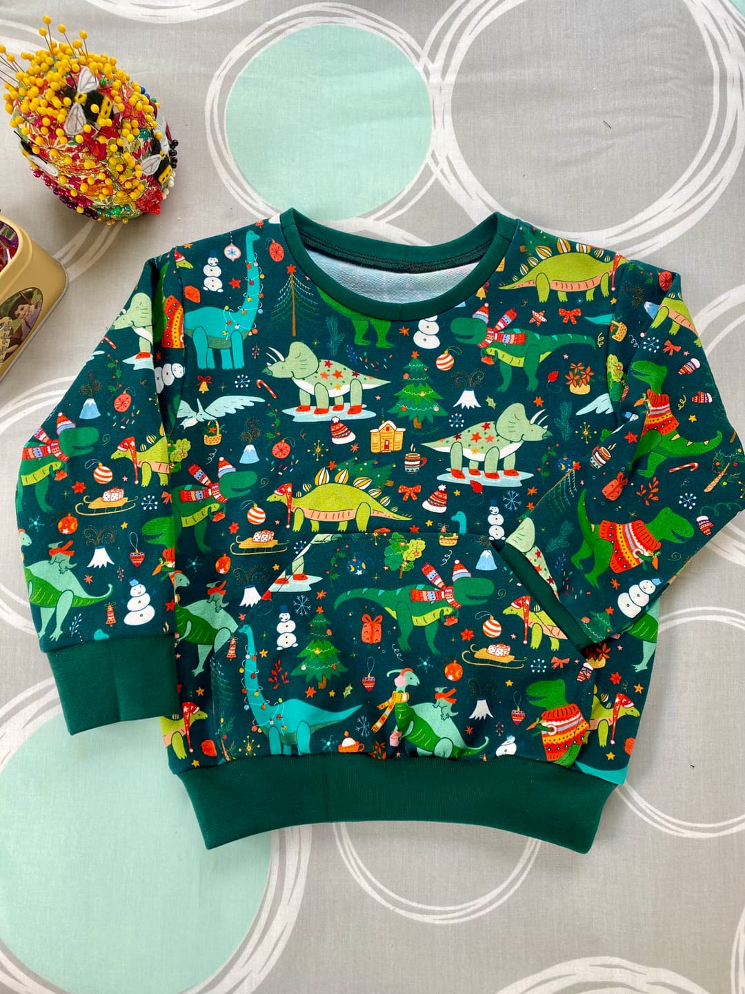 Customer photo review of Christmas Dinosaurs on Dark Teal French Terry Fabric