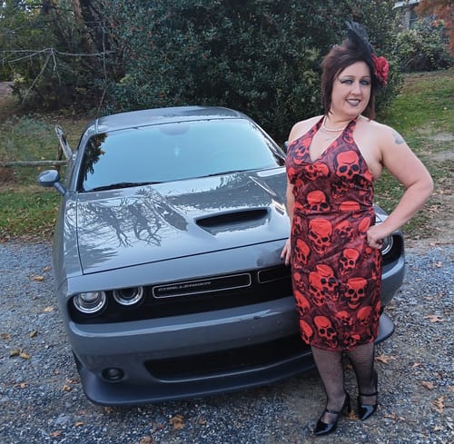 Customer photo review of Deep Red 1960s Halloween Skull Halter Dress