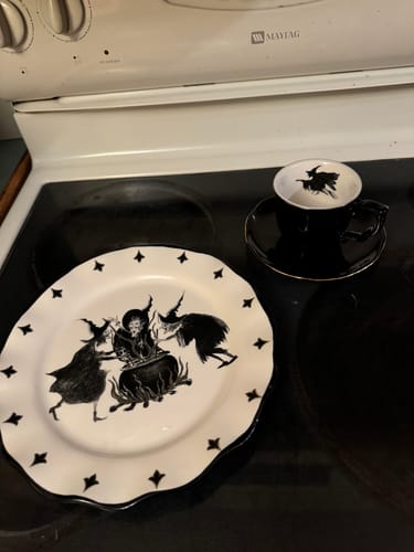 Customer photo review of Flying Witch Black Gold Tea Cup and Saucer + Witches Brew Serving Platter Set