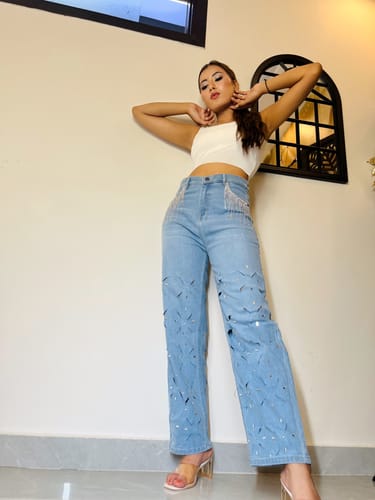 Customer photo review of Rhinestone Embellished Wide Leg Jeans - Diana