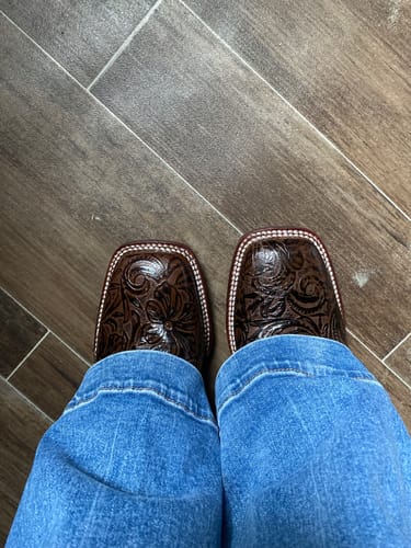 Customer photo review of Calzatti Women's Embossed Tooled Print Wide Square Toe Boot Brown