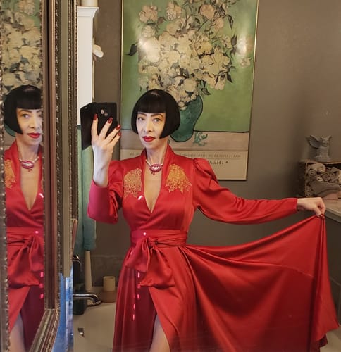 Customer photo review of BRAM STOKER'S DRACULA Embroidered Order of the Dragon Wrap Dress in Scarlet Red