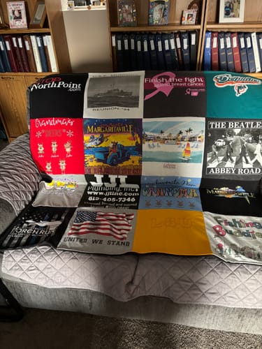 T-shirt quilt with family, music themes by Nancy from IL