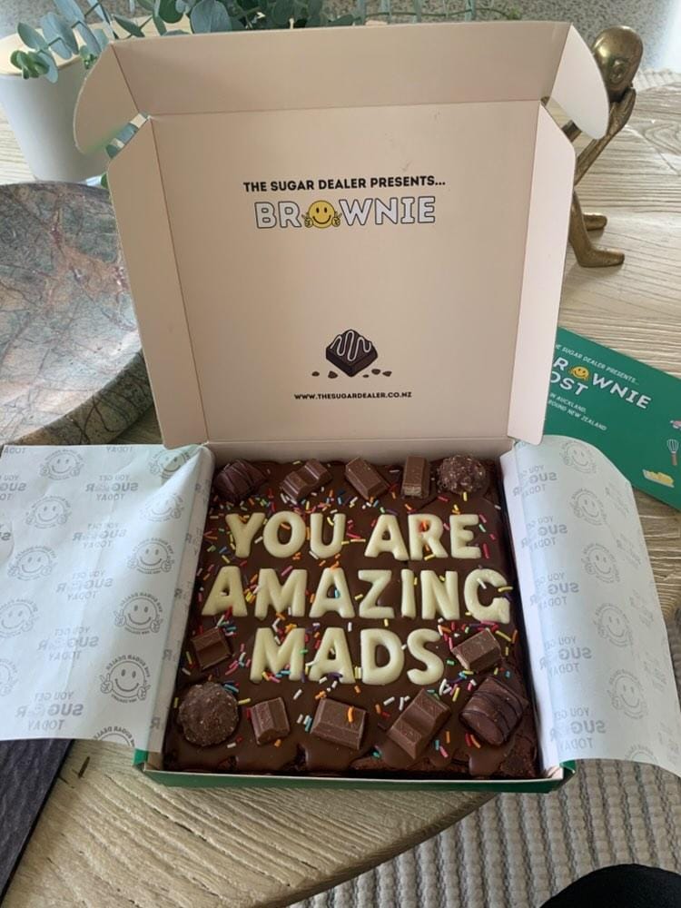 Customer photo review of Custom message chocolate fiend brownie