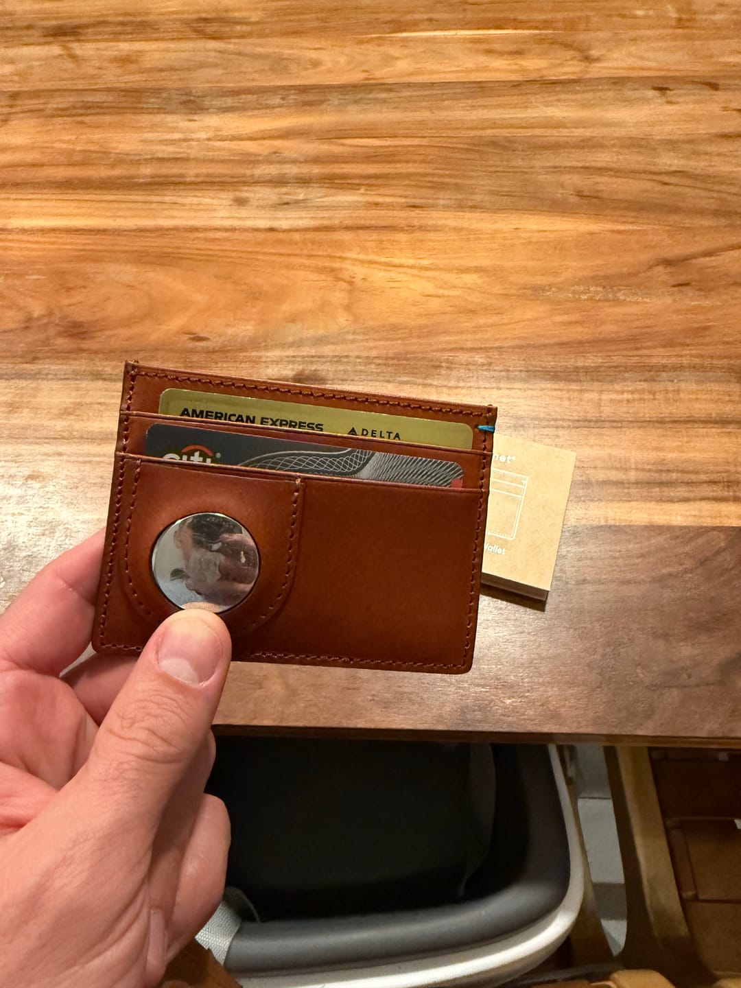 Customer photo review of The Italian Leather AirTag Wallet - Tuscan Tan