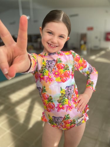 Customer photo review of PREORDER Floral Koalas Girls Long Sleeve Back Zip Swimmers (Ships w/c 16th Sept)