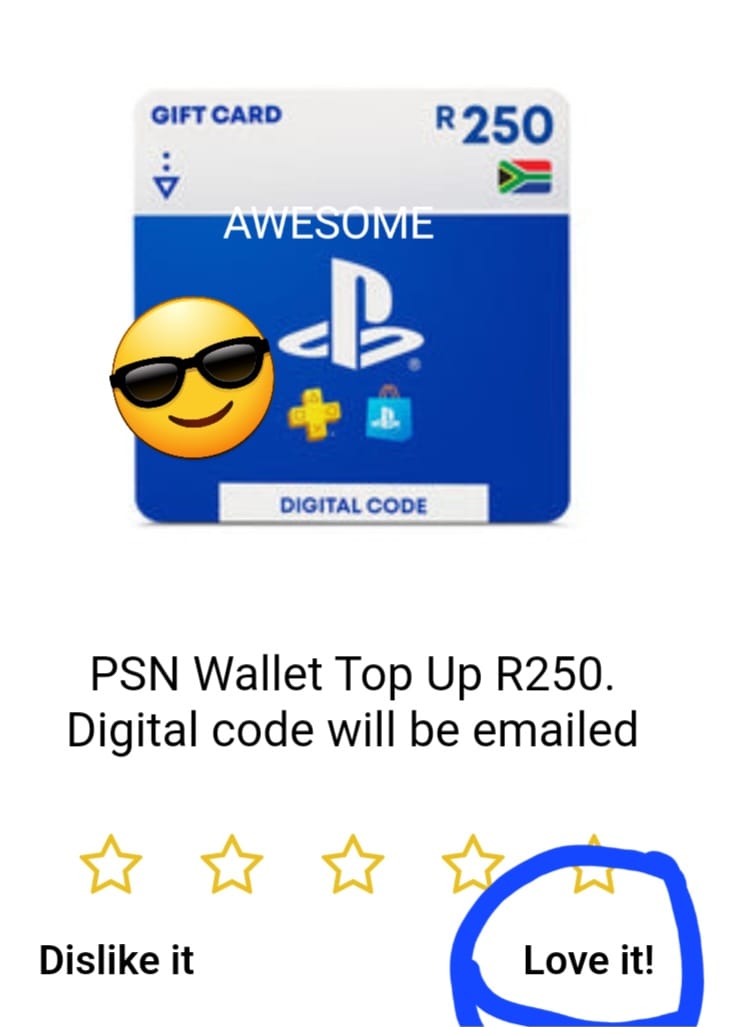 Customer photo review of PSN Wallet Top Up R250. Digital code will be emailed