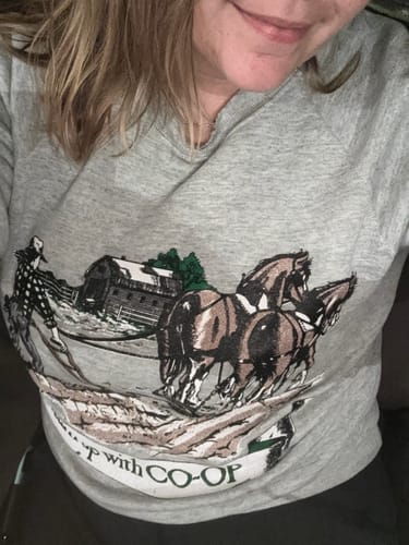 Customer photo review of Vintage Co-Op Farming Sweatshirt Fits Mens Small Grey Sweater