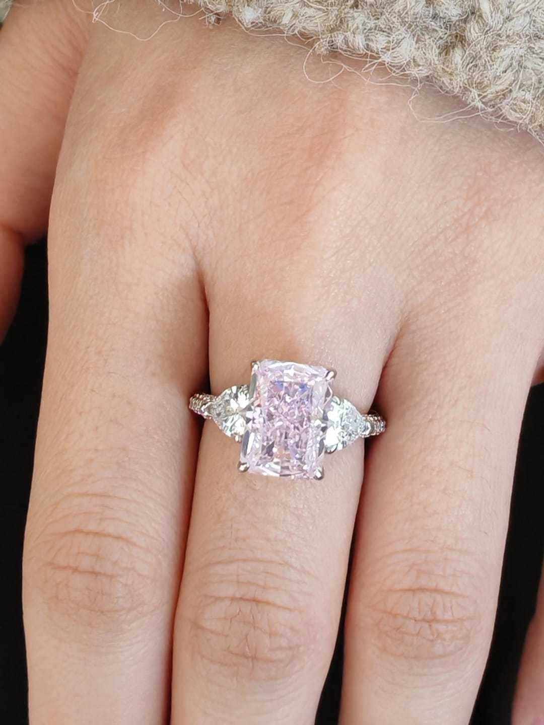 Customer photo review of S925 5.0Ct Pink/White Stone Radiant Cut Three Stone Engagement Ring Anniversary Ring For Women