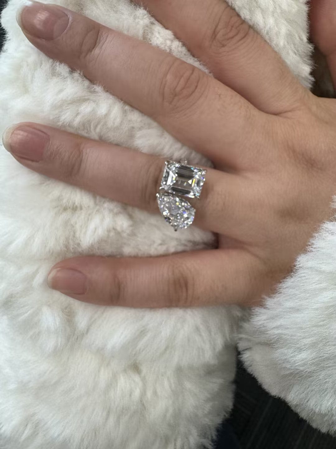 Customer photo review of Louily Unique Double Stones Design Emerald Cut & Pear Cut Engagement Ring