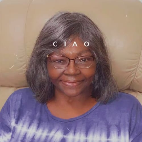 Customer photo review of Luvwin Short Layered Side Parted Salt And Pepper Wig With Bang 5x5 Closure Wig